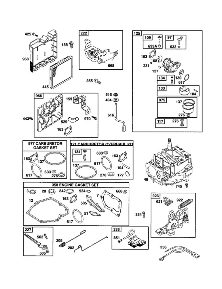 Carburetor/Short Block Diagram and Parts List for 123K03-0592-E1  Briggs and Stratton Engine